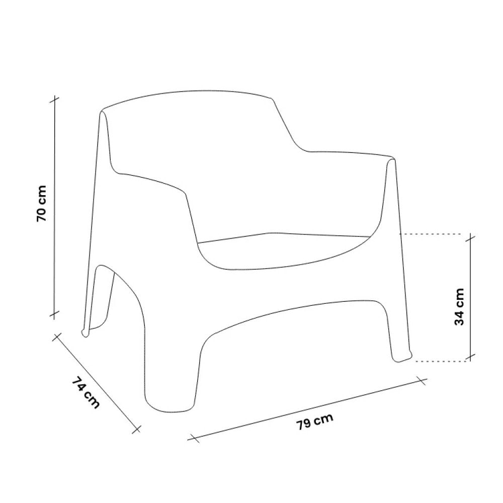 Disegno tecnico della poltrona IBIZA blu con misure: 79 cm larghezza, 74 cm profondità