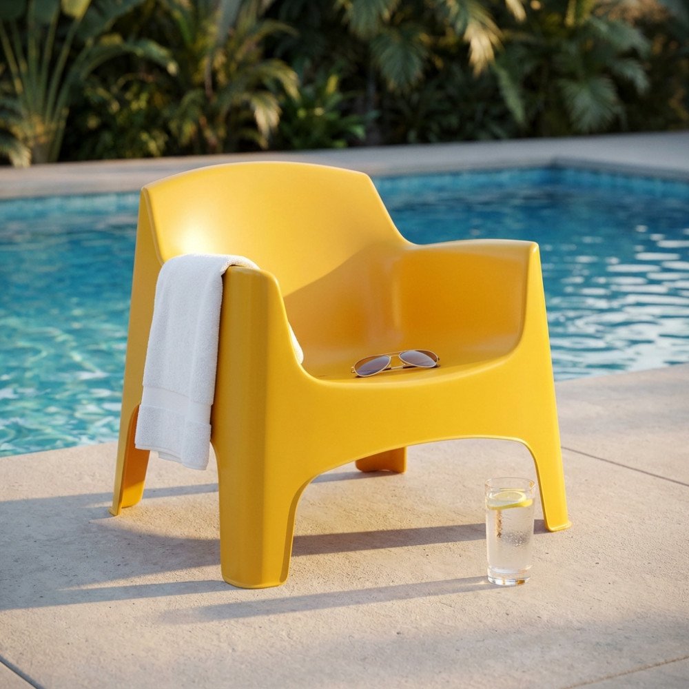 Poltrona monoblocco da esterno IBIZA giallo accanto alla piscina, con asciugamano e occhiali