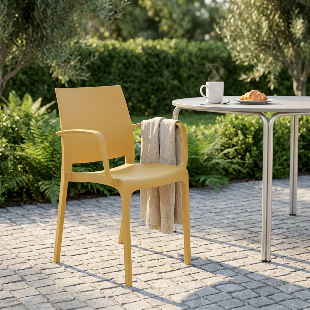 Poltrona da giardino NEVA giallo senape ambientata in giardino con tavolino, tazza e plaid beige