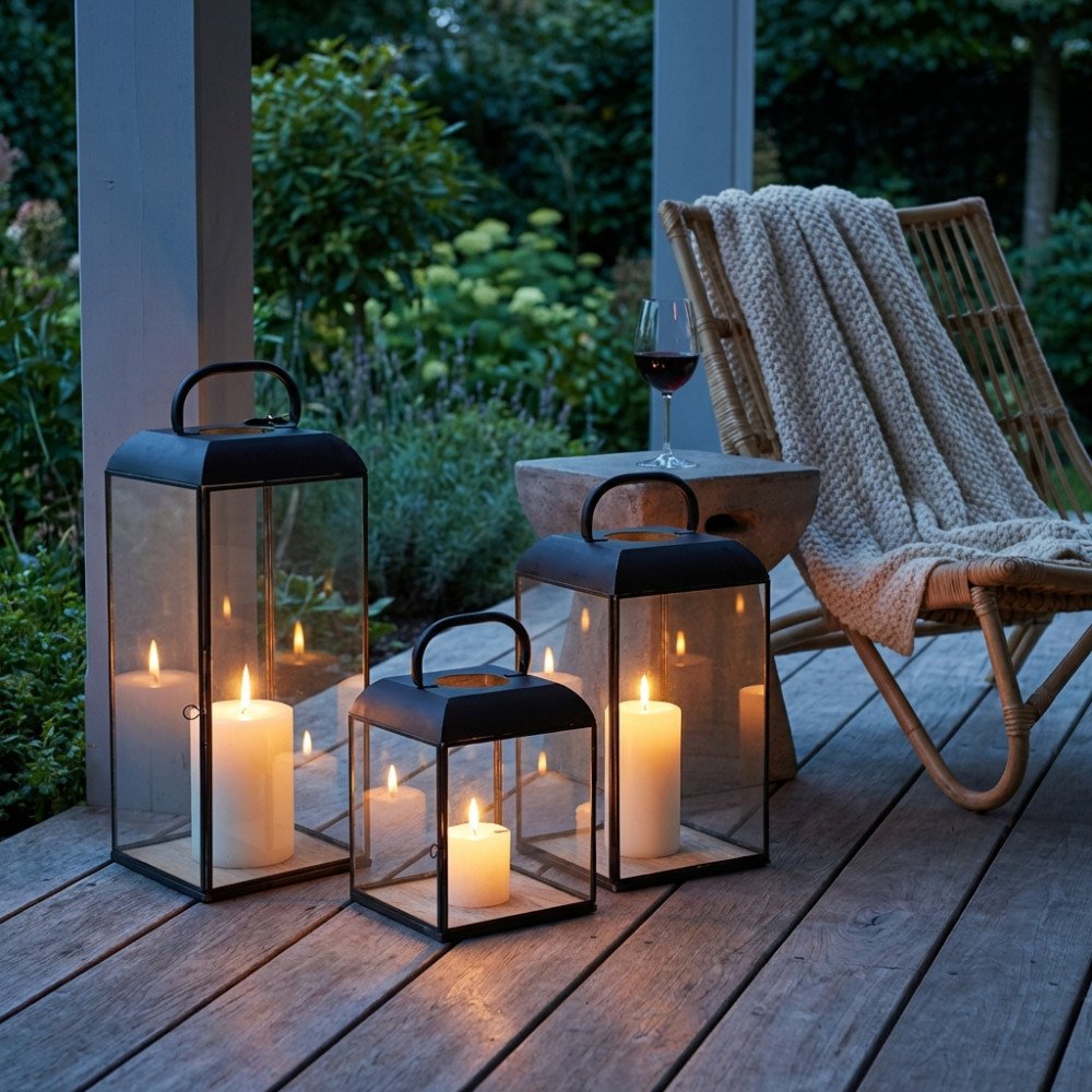 Lanterne MILLICENT antracite in terrazza serale con piante verdi e sedia in rattan