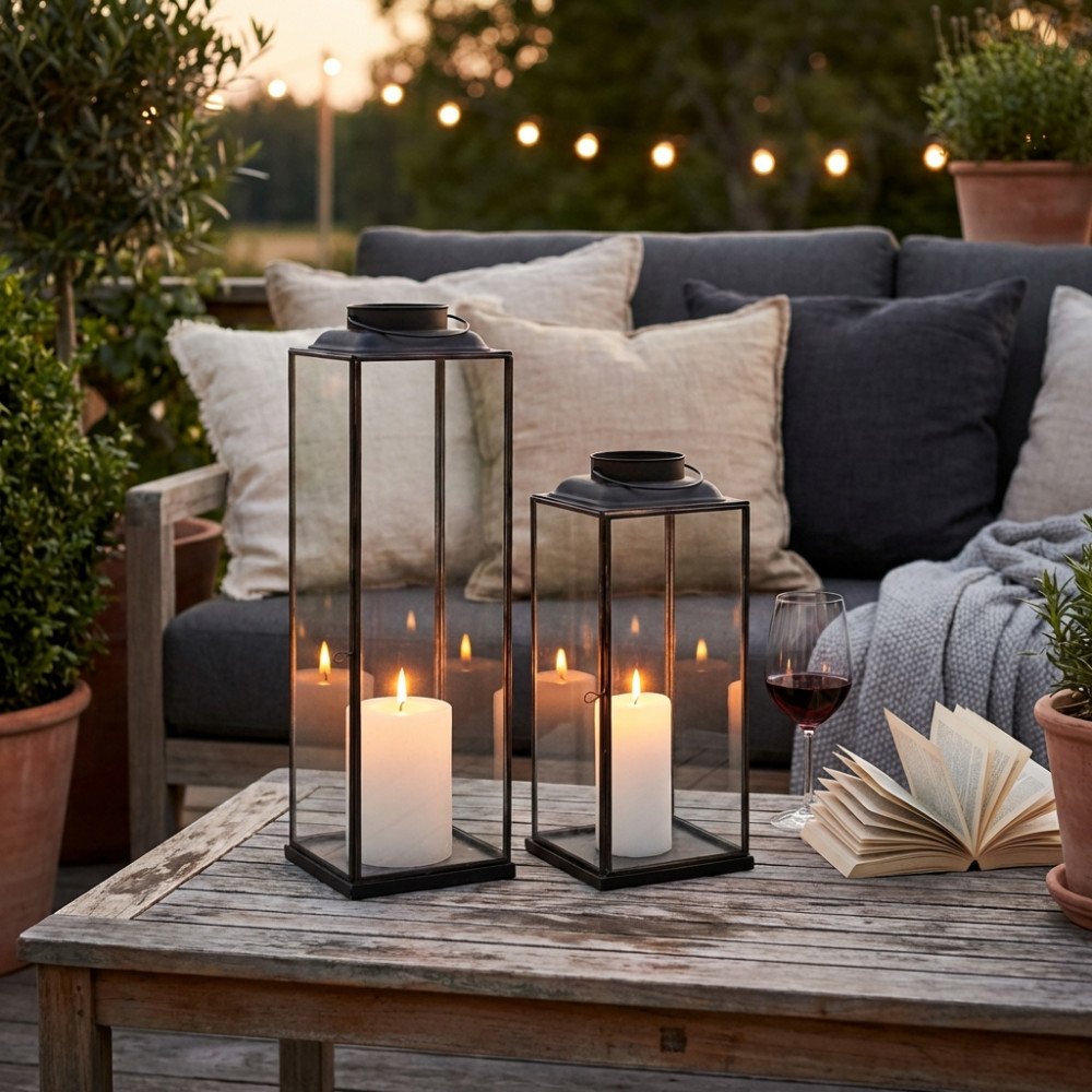 Due lanterne da terra MOLLIE antracite con candele accese su tavolino di legno, in esterno