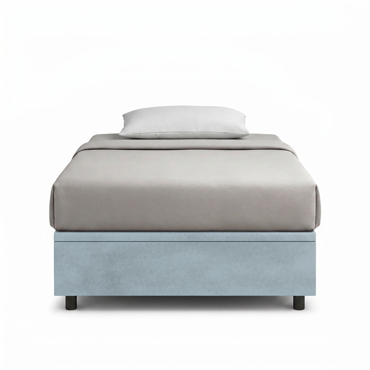 Letto contenitore BOXMAX azzurro visto frontale con base in tessuto e cuscino bianco #colore_Azzurro