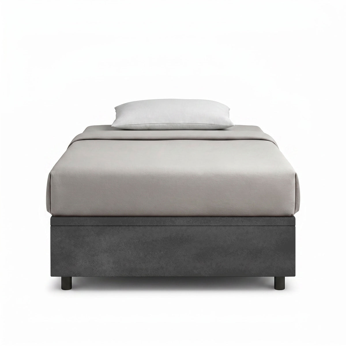 Letto contenitore BOXMAX grigio visto frontale con base in tessuto scuro e cuscino #colore_Grigio