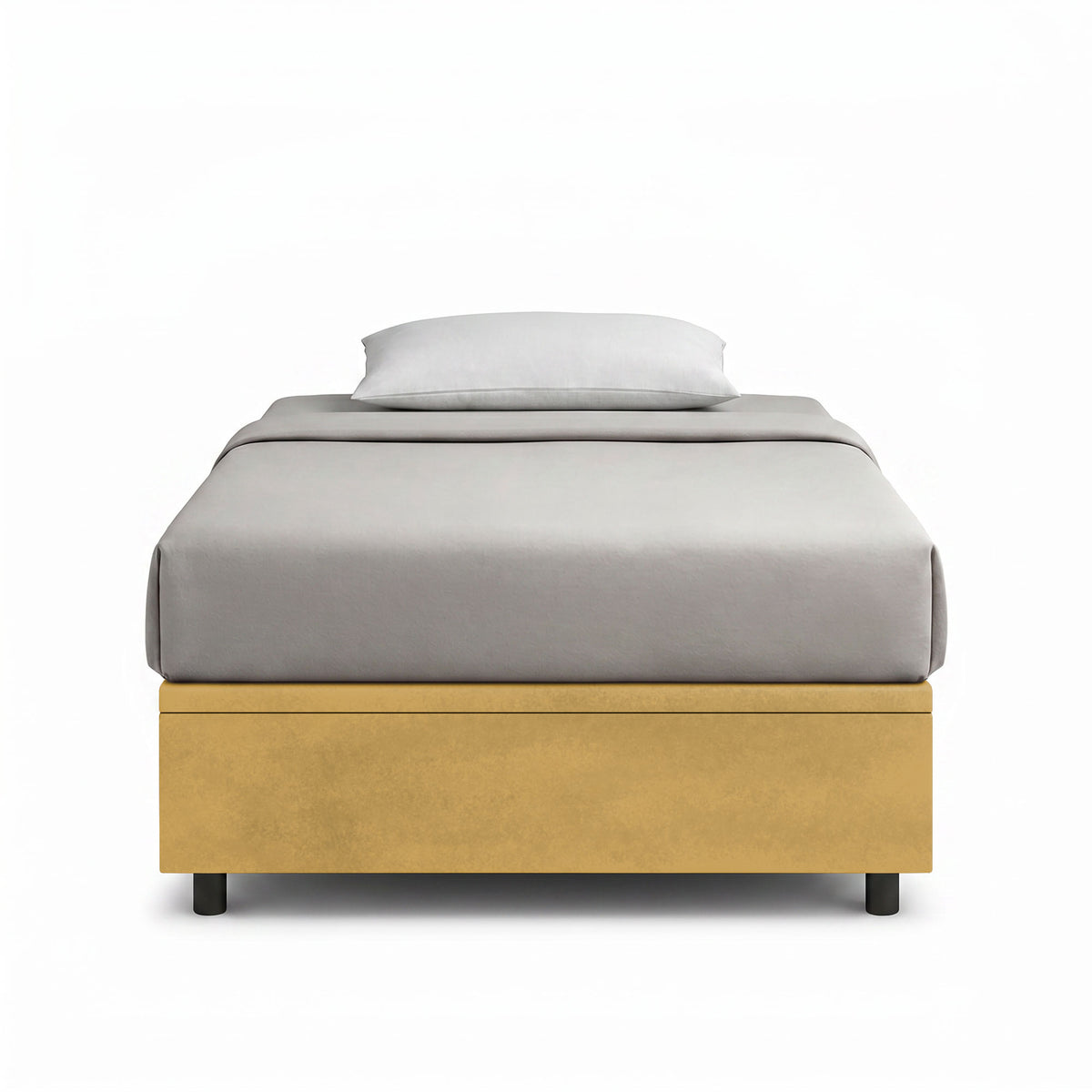 Letto contenitore BOXMAX ocra visto frontale con base imbottita e piedini scuri #colore_Ocra