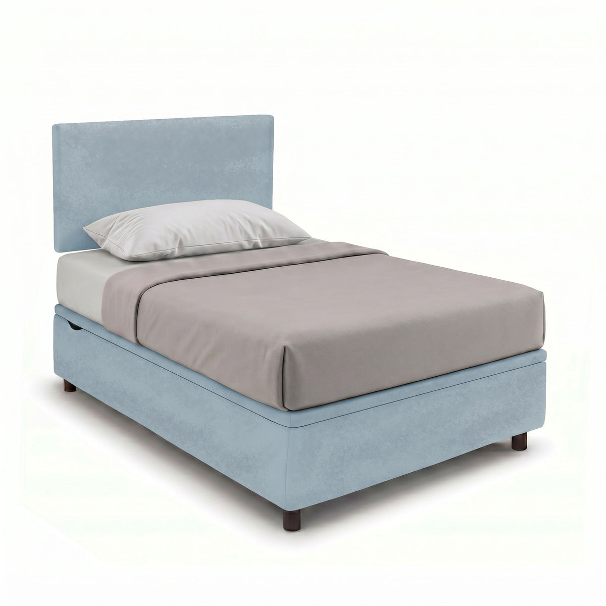 Letto BOXMAX azzurro di tre quarti con testiera bassa su piedini corti scuri #colore_Azzurro