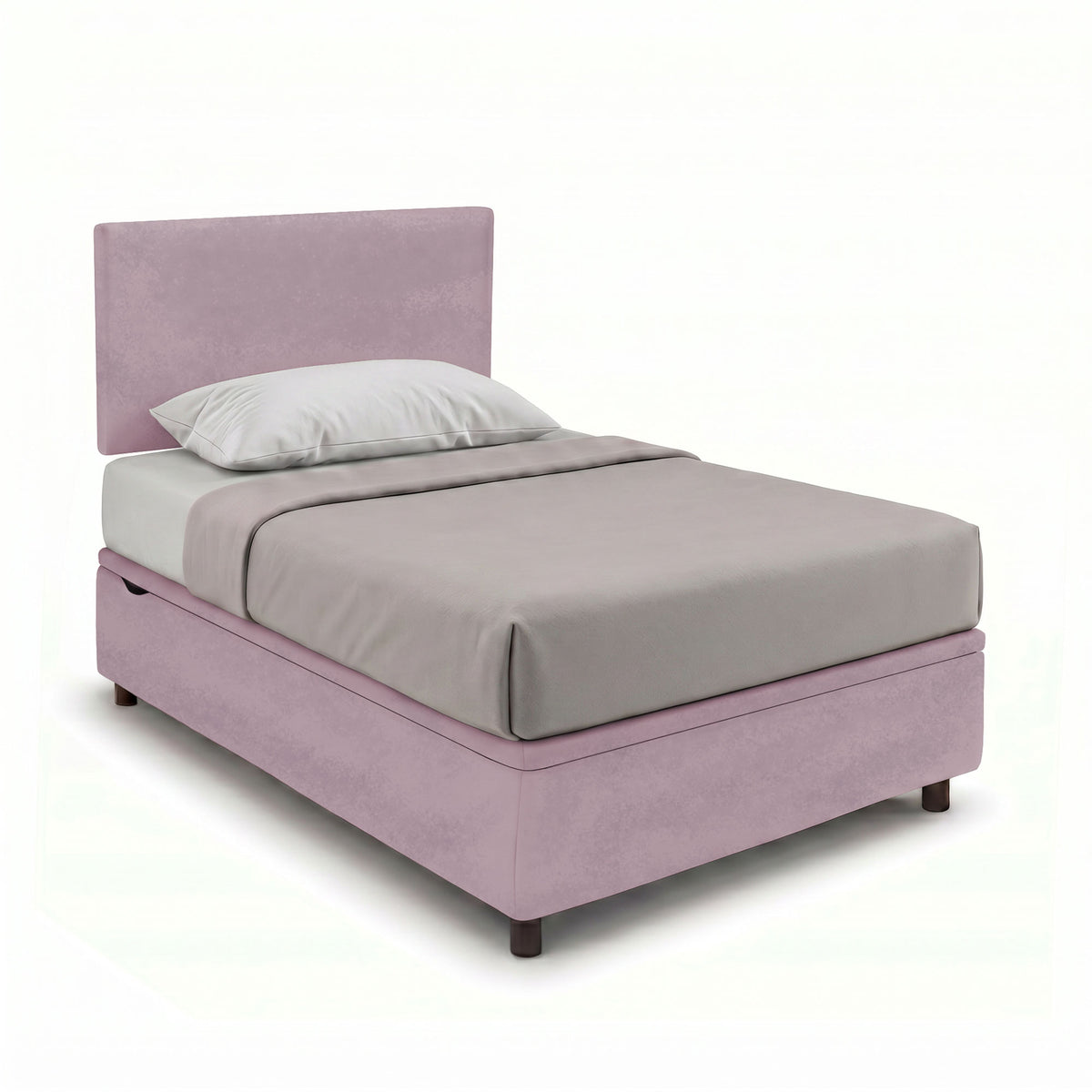 Letto glicine visto di tre quarti su fondo bianco, con lenzuolo tortora e cuscino bianco #colore_Glicine