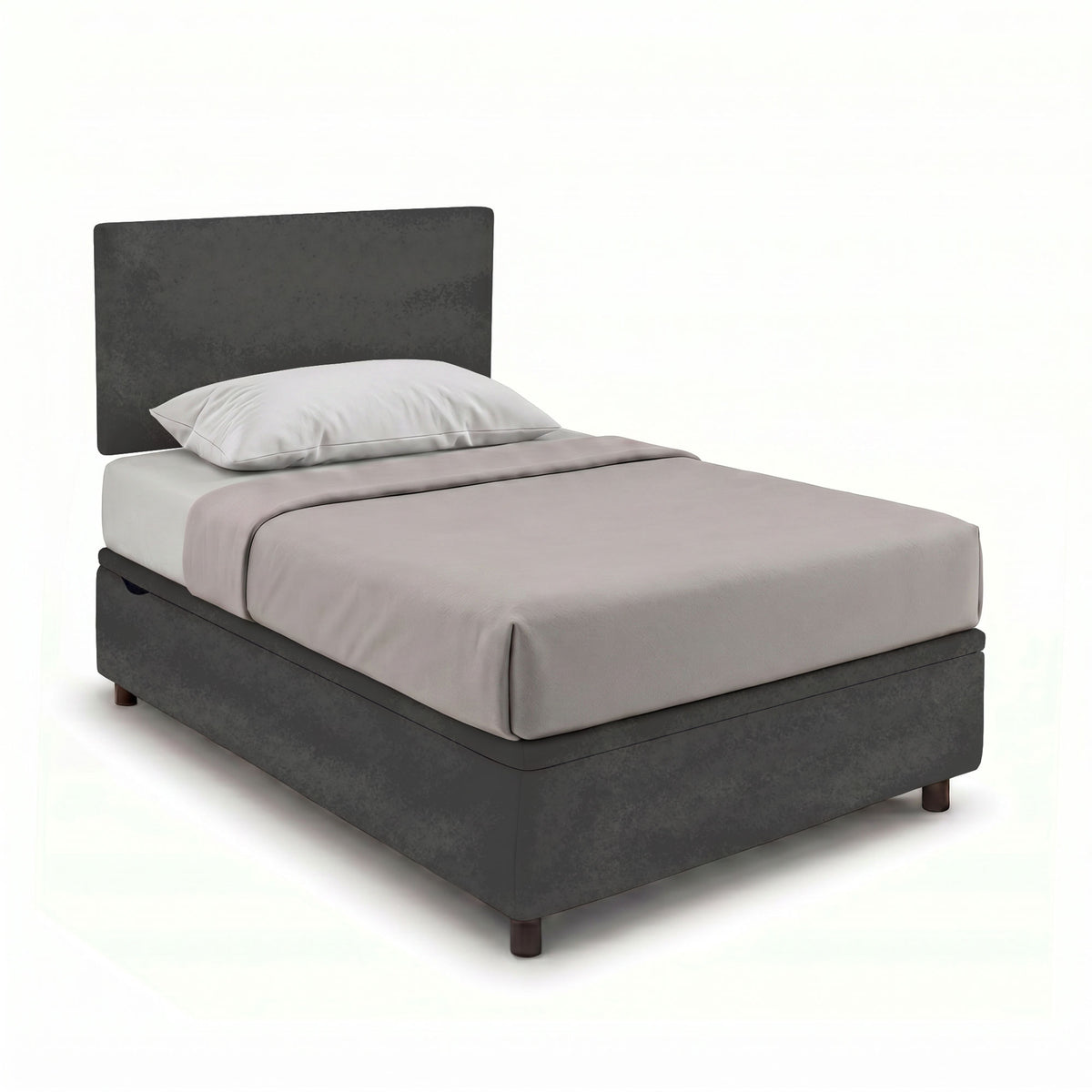 Letto BOXMAX grigio di tre quarti con testata piatta e fessura del contenitore sulla base #colore_Grigio