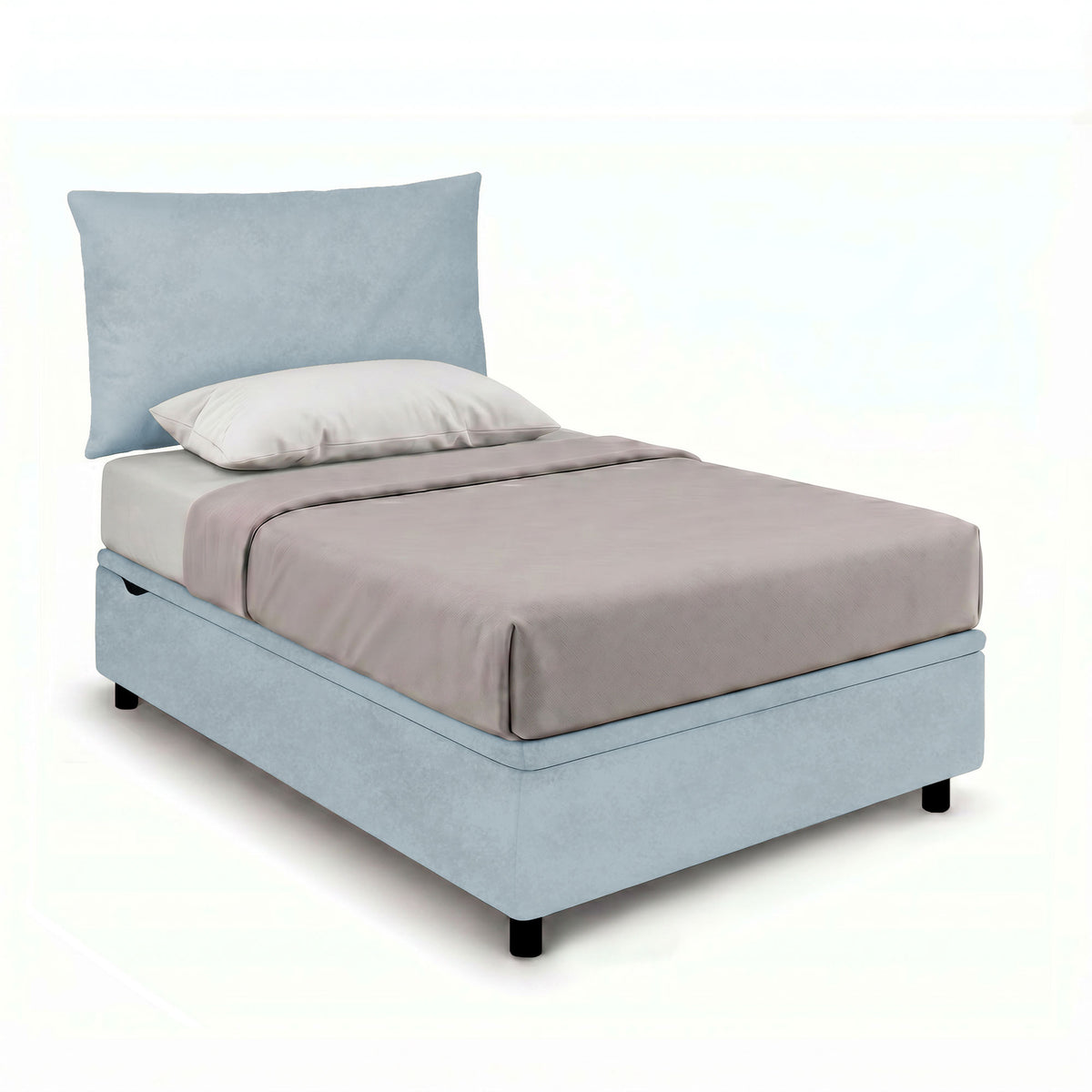 Letto singolo BOXMAX azzurro con testata morbida e cuscino dello stesso tessuto, vista tre quarti #colore_Azzurro