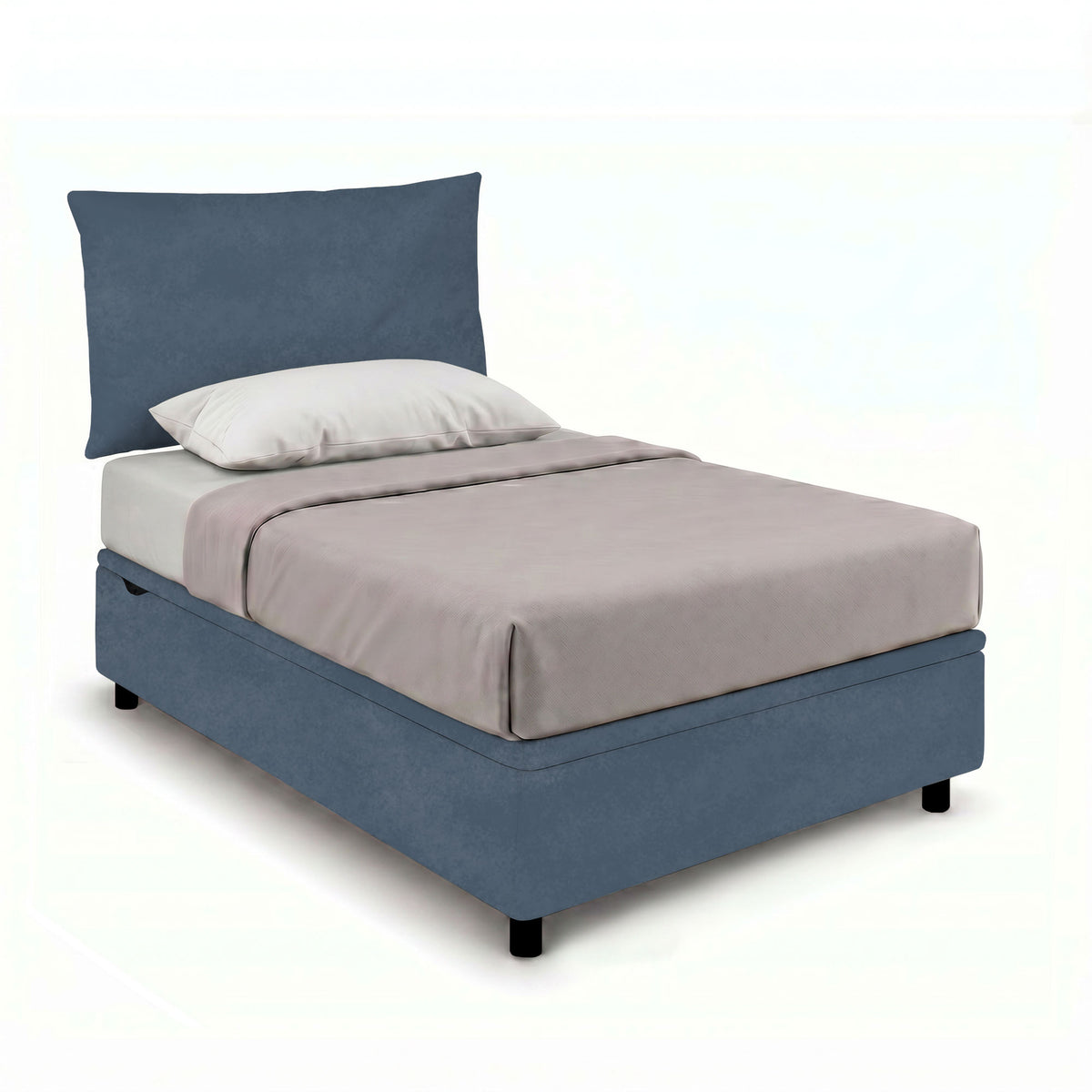 Letto singolo BOXMAX blu con testata imbottita e base contenitore su piedini neri #colore_Blu