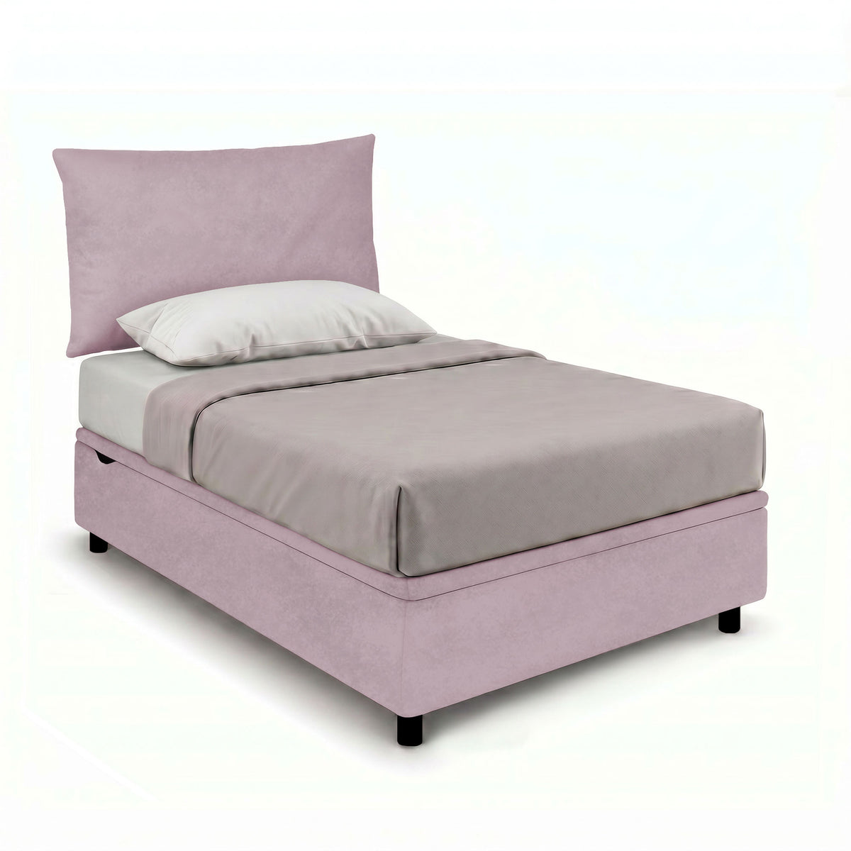 Letto singolo BOXMAX rosa glicine imbottito con testata rettangolare morbida, vista tre quarti #colore_Glicine