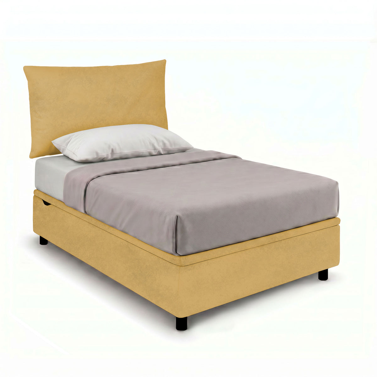 Letto singolo BOXMAX ocra con testata morbida e base su piedini neri, vista tre quarti #colore_Ocra