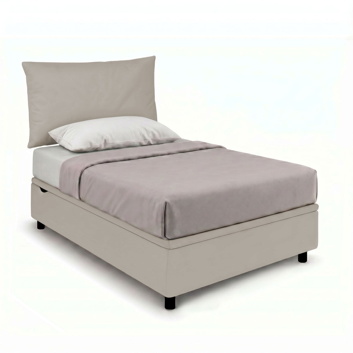 Letto contenitore BOXMAX tortora con testiera rettangolare e piedini neri, vista di tre quarti #colore_Tortora