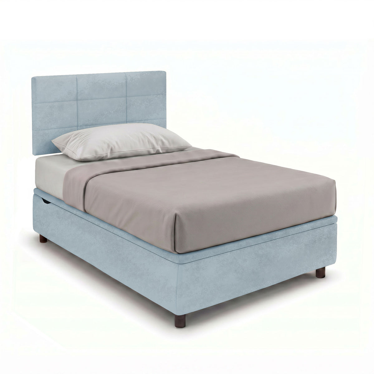 Letto contenitore SQUARE azzurro con testiera a quadri e gambe corte in legno, vista tre quarti #colore_Azzurro