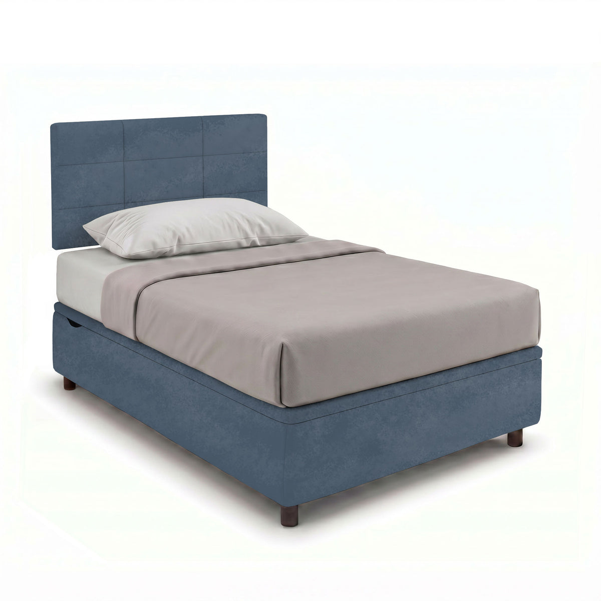 Letto contenitore SQUARE blu con testiera a pannelli quadrati e giroletto, vista tre quarti #colore_Blu