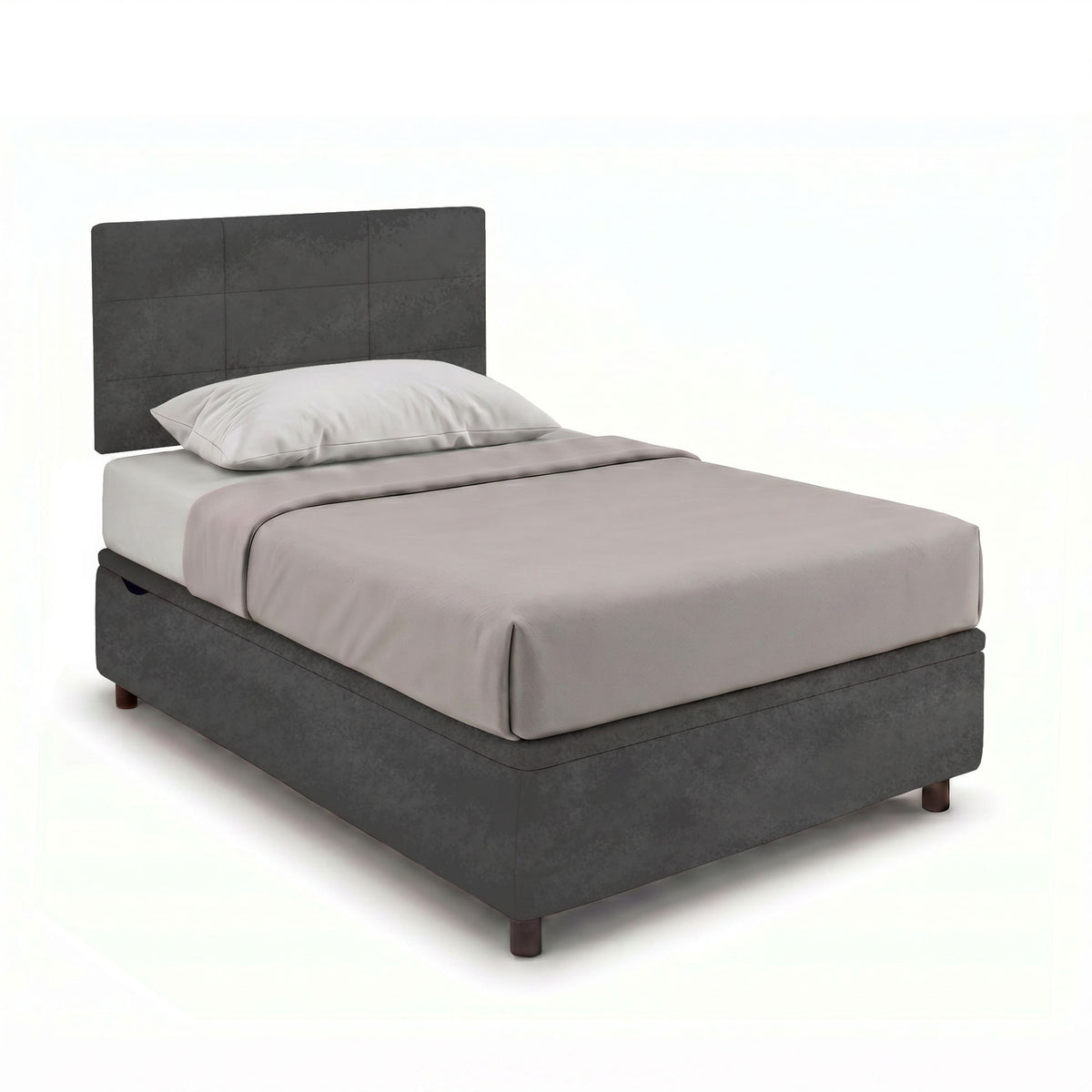 Letto contenitore SQUARE grigio antracite con testiera a riquadri, vista frontale laterale #colore_Grigio