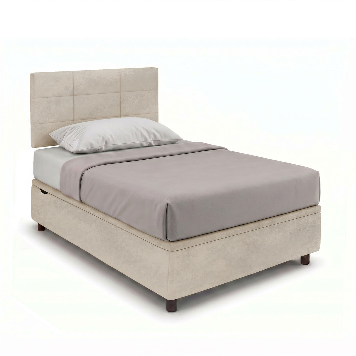 Letto contenitore SQUARE sabbia con testiera imbottita a pannelli, vista frontale laterale #colore_Sabbia