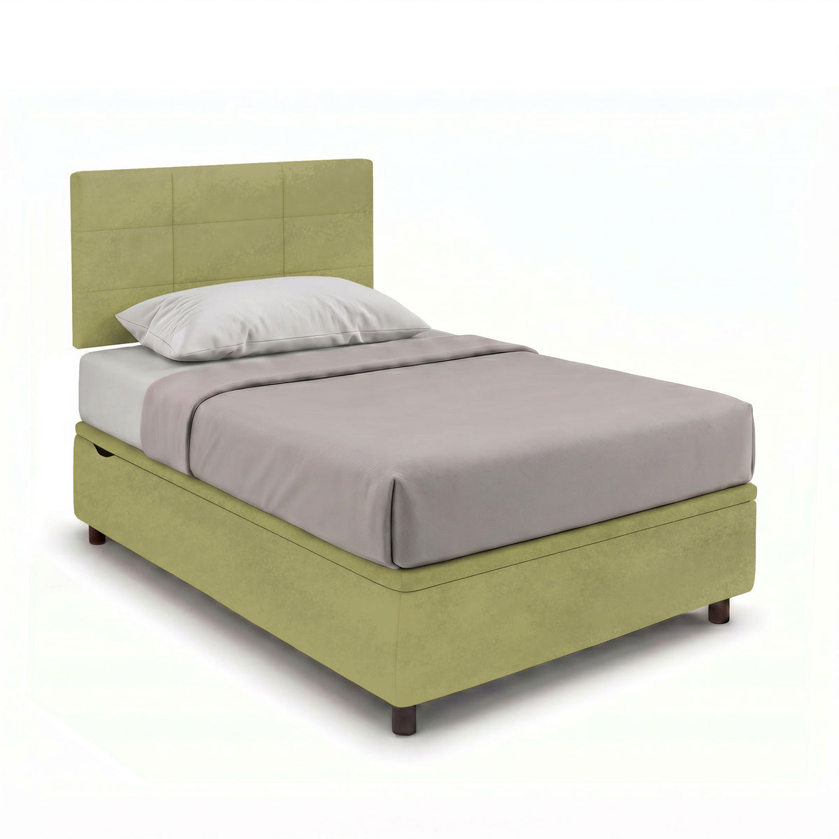 Letto contenitore SQUARE tè verde con testiera a sei riquadri, vista tre quarti #colore_Tè verde