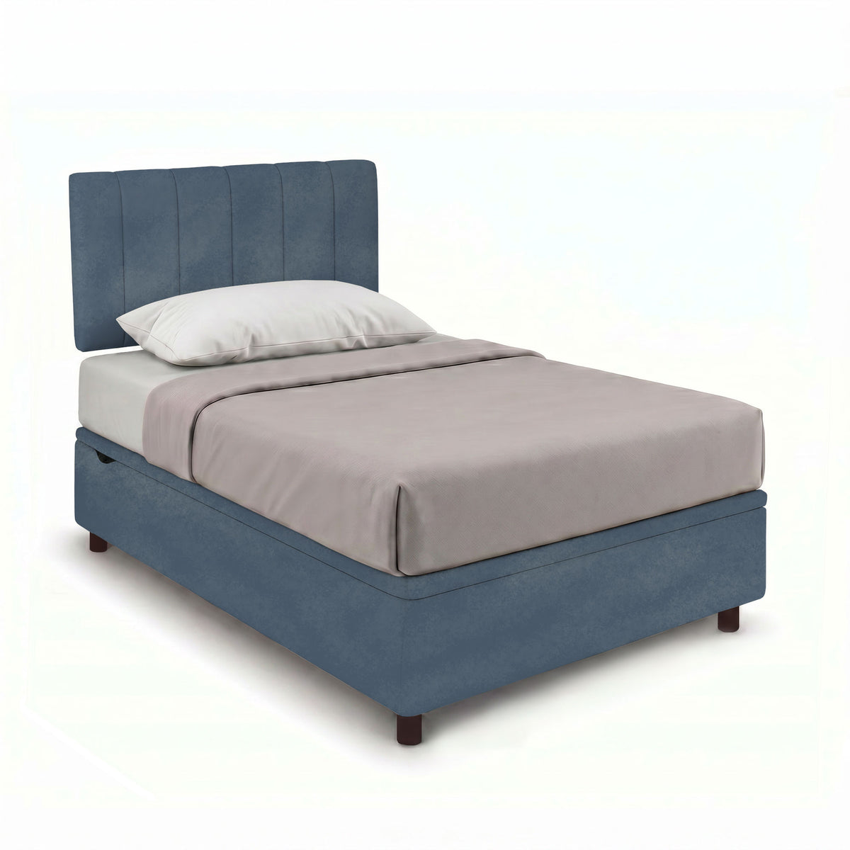 Letto contenitore VERTICAL blu con testiera a cinque pannelli, ripreso di tre quarti su fondo bianco #colore_Blu