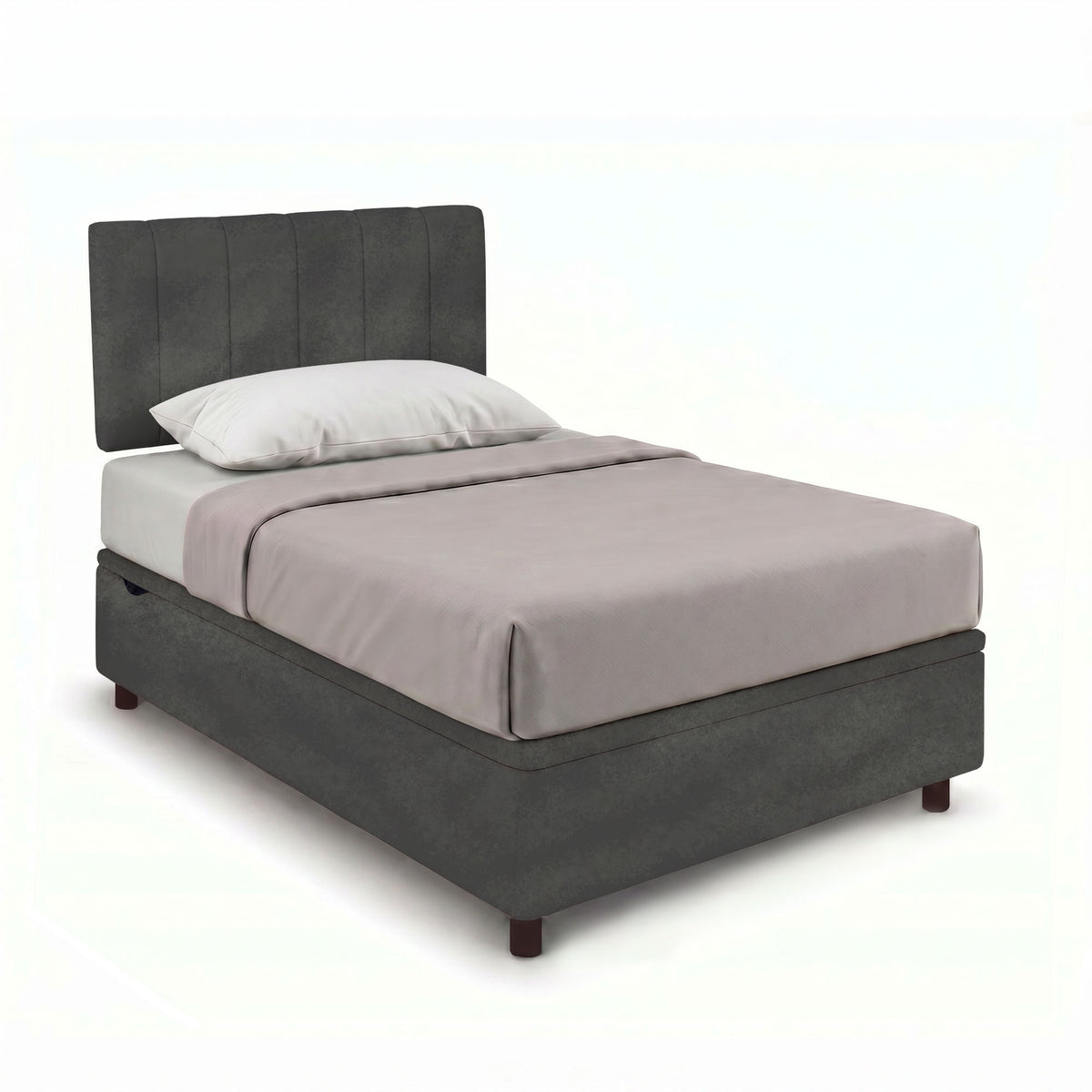 Letto contenitore VERTICAL grigio con testata a listelli verticali, ripreso in diagonale su fondo bianco #colore_Grigio