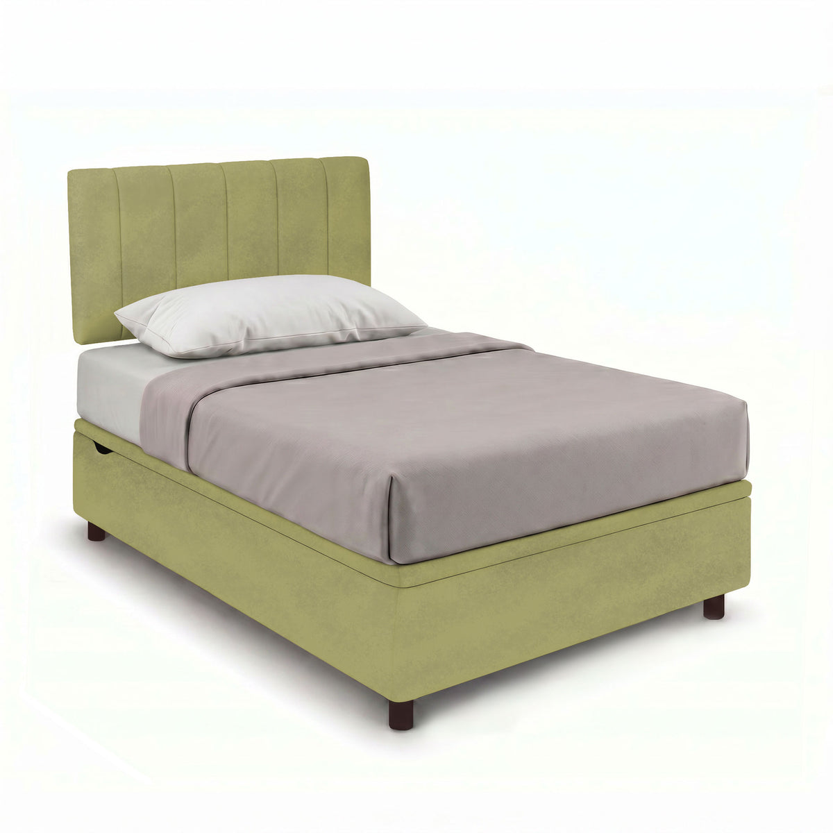 Letto contenitore tè verde con testiera alta e maniglia del giroletto, vista di tre quarti #colore_Tè verde