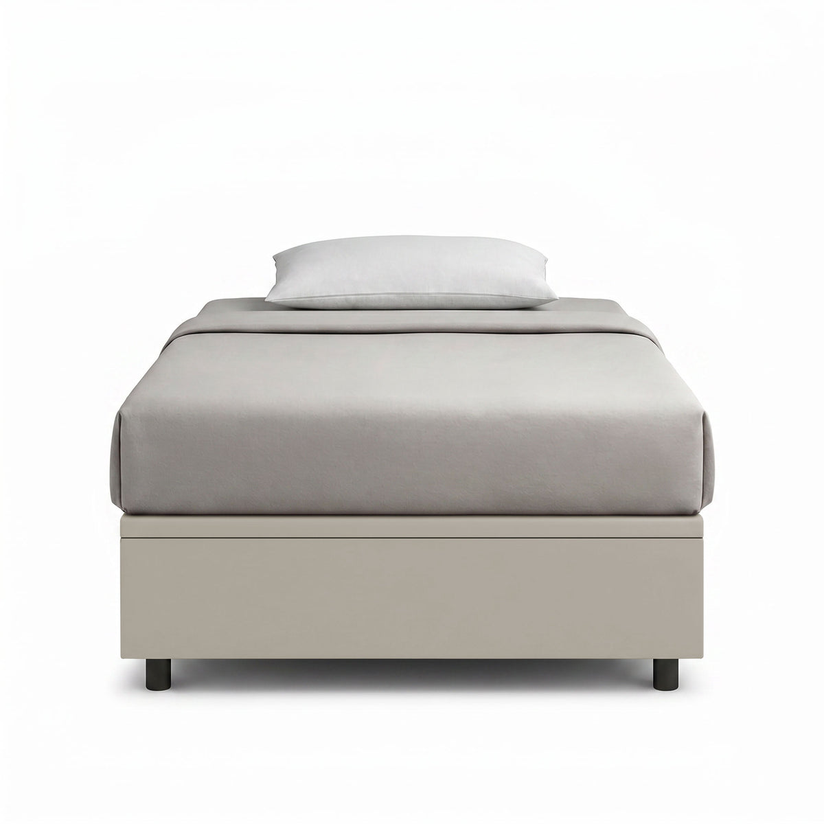 Letto BOXMAX tortora visto dal retro, base contenitore con quattro piedini scuri #colore_Tortora
