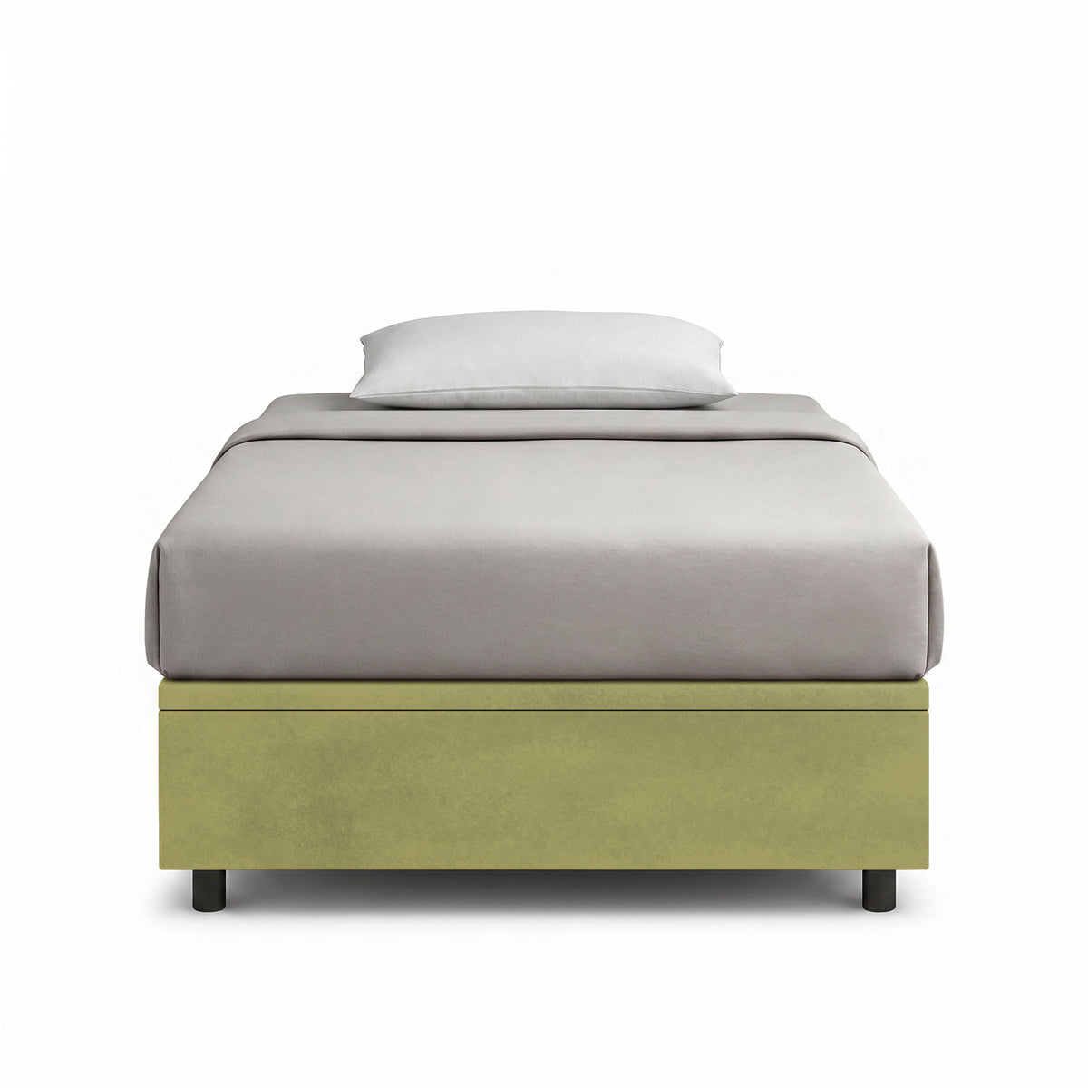 Letto contenitore BOXMAX tè verde visto di lato con giroletto e cuscino bianco #colore_Tè verde