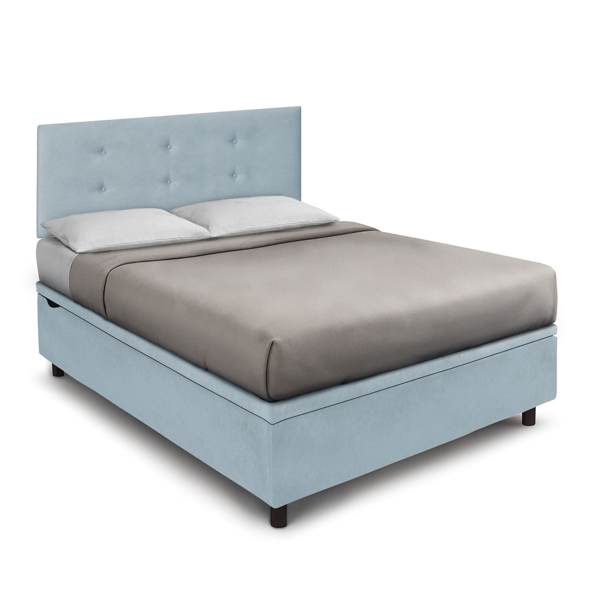 Letto BOXMAX azzurro con testiera a sette bottoni a losanga, vista tre quarti #colore_Azzurro