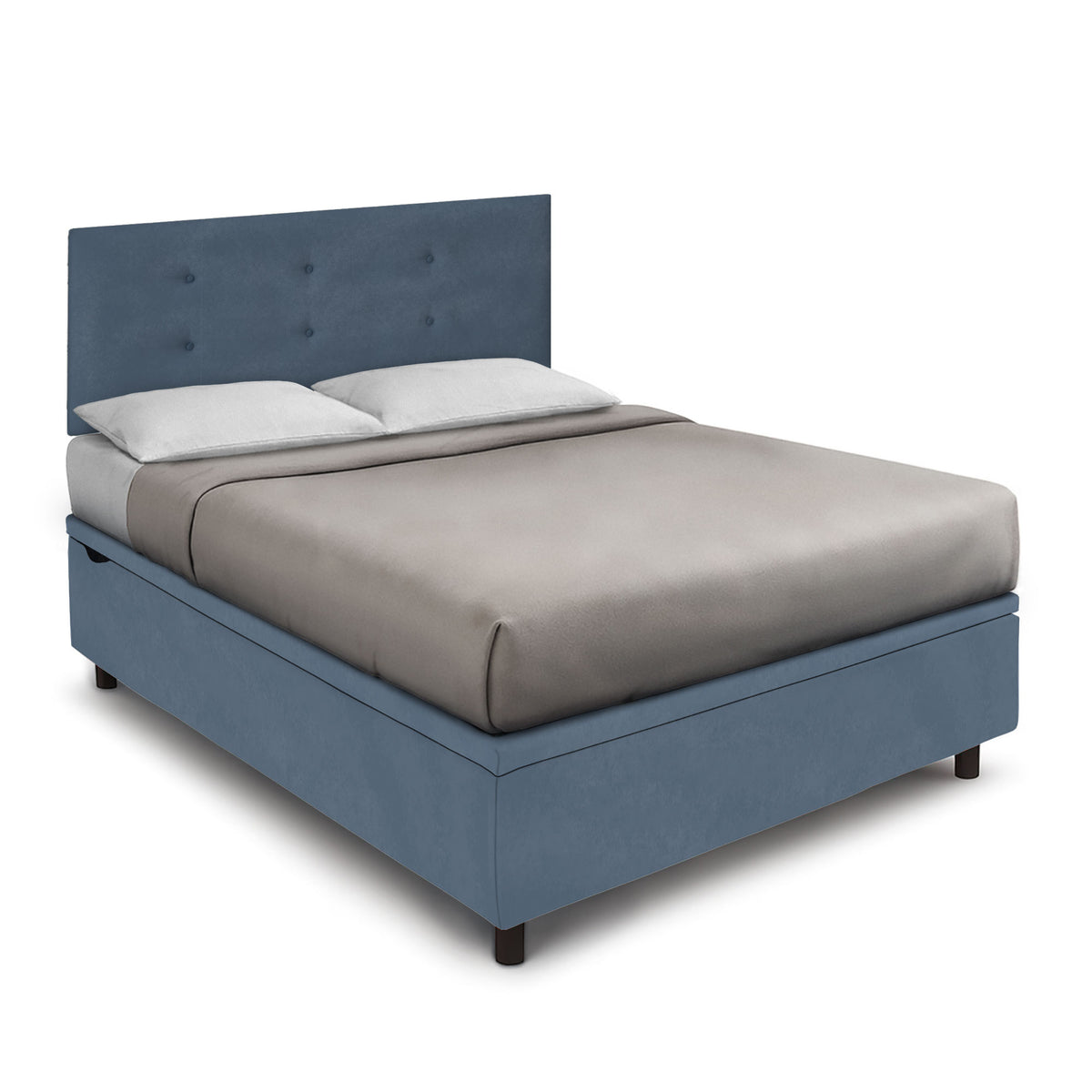 Letto BOXMAX blu con testiera bottonata a rombo su fondo bianco, vista tre quarti #colore_Blu