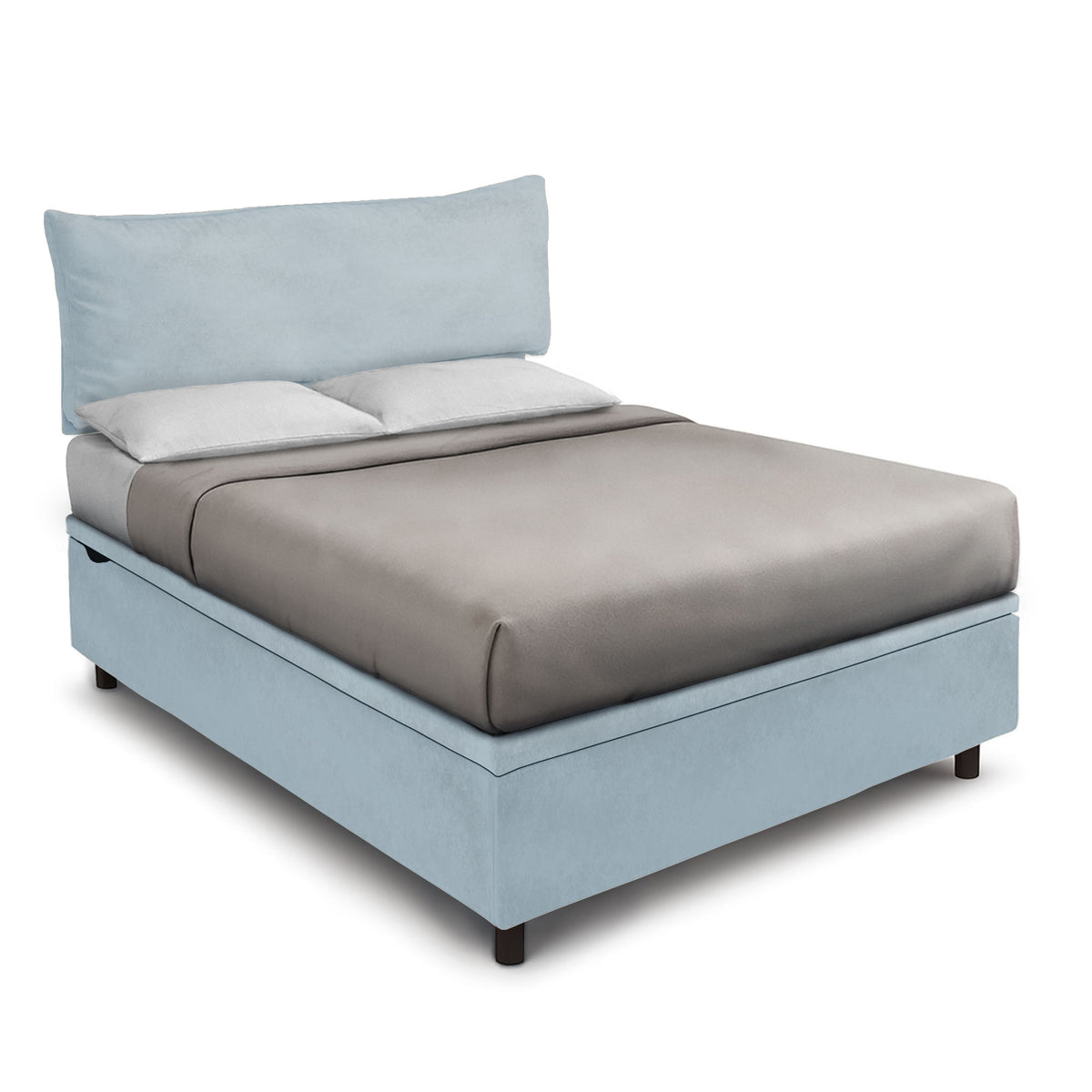 Letto BOXMAX azzurro completo con copriletto taupe e cuscini bianchi, vista di tre quarti #colore_Azzurro
