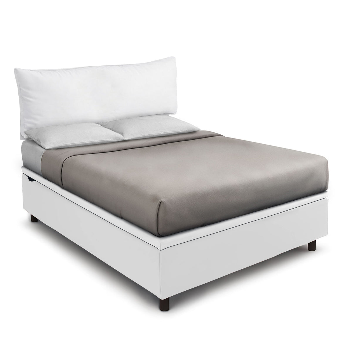 Letto SOFT bianco imbottito con testiera alta e tre cuscini, vista a tre quarti #colore_Bianco
