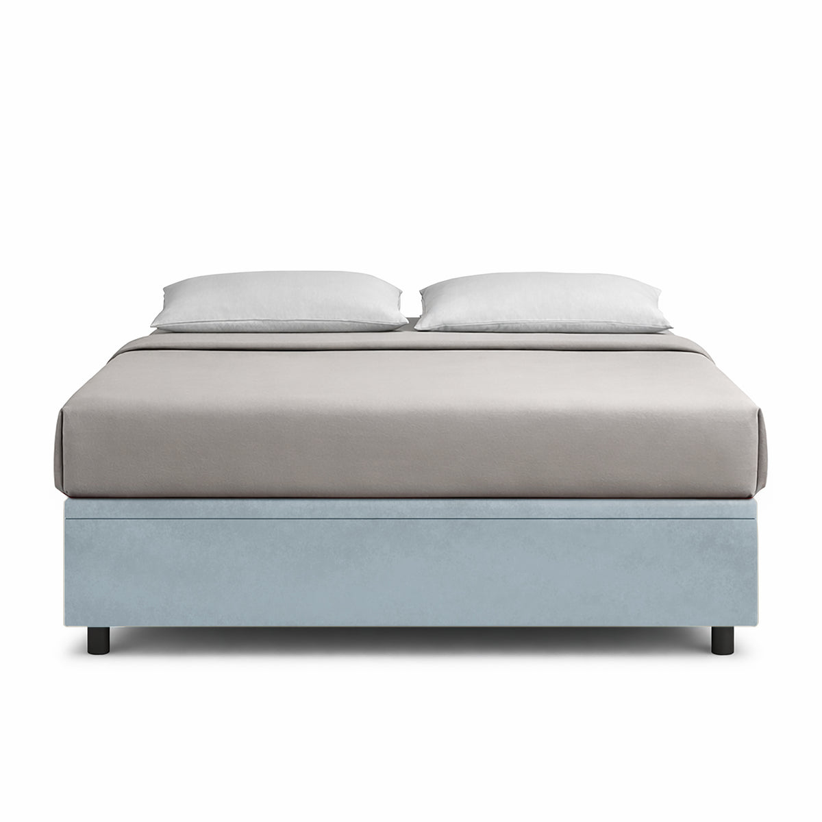 Letto BOXMAX azzurro visto di fronte con base grigia chiara e due guanciali bianchi #colore_Azzurro