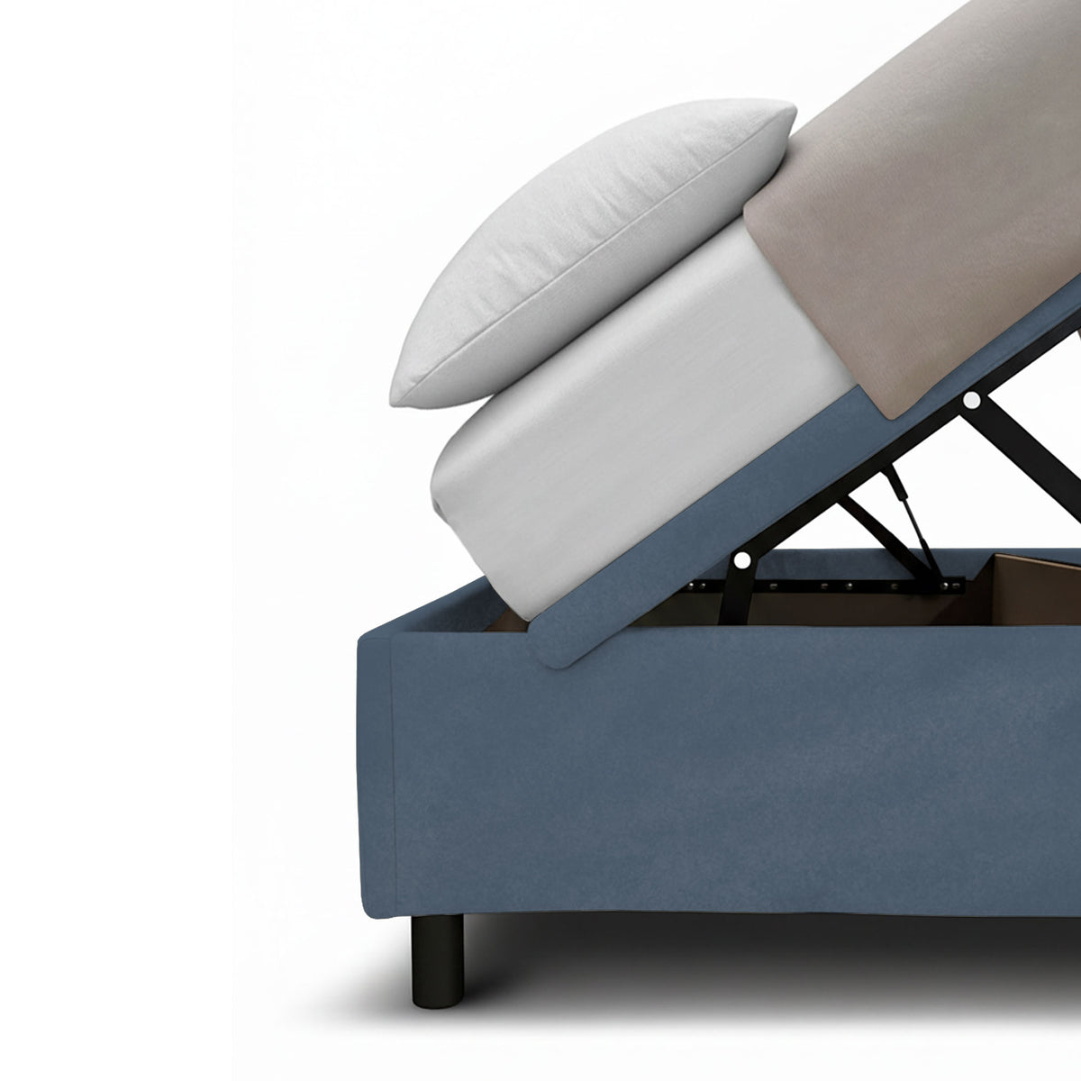 Letto SQUARE blu con materasso sollevato sul contenitore aperto, vista laterale #colore_Blu