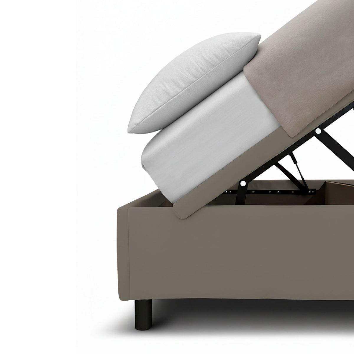Letto BOXMAX cappuccino con rete inclinata a 45 gradi sopra il vano interno, vista tre quarti #colore_Cappuccino