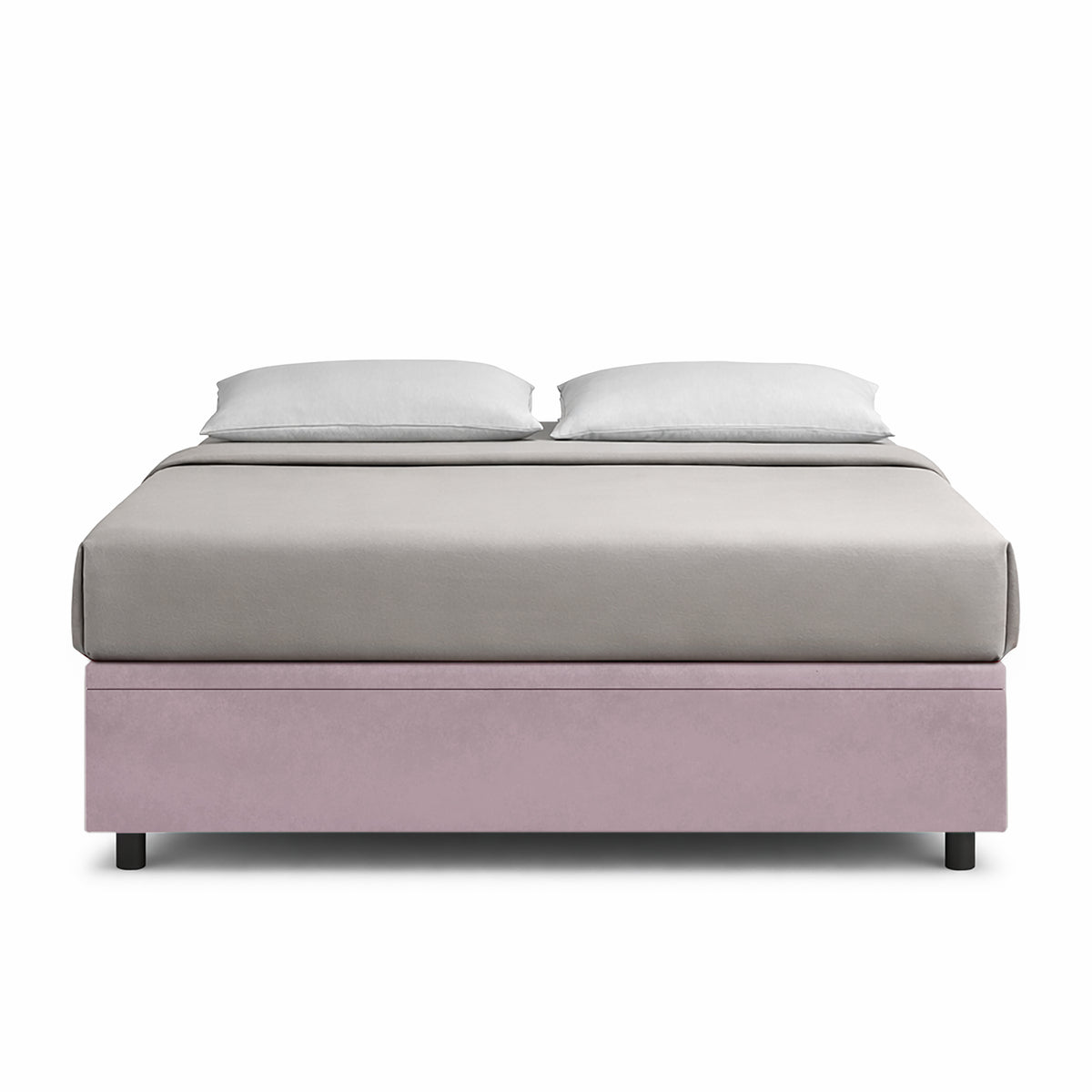 Letto contenitore BOXMAX glicine visto di fronte con materasso grigio e cuscini su sfondo bianco #colore_Glicine