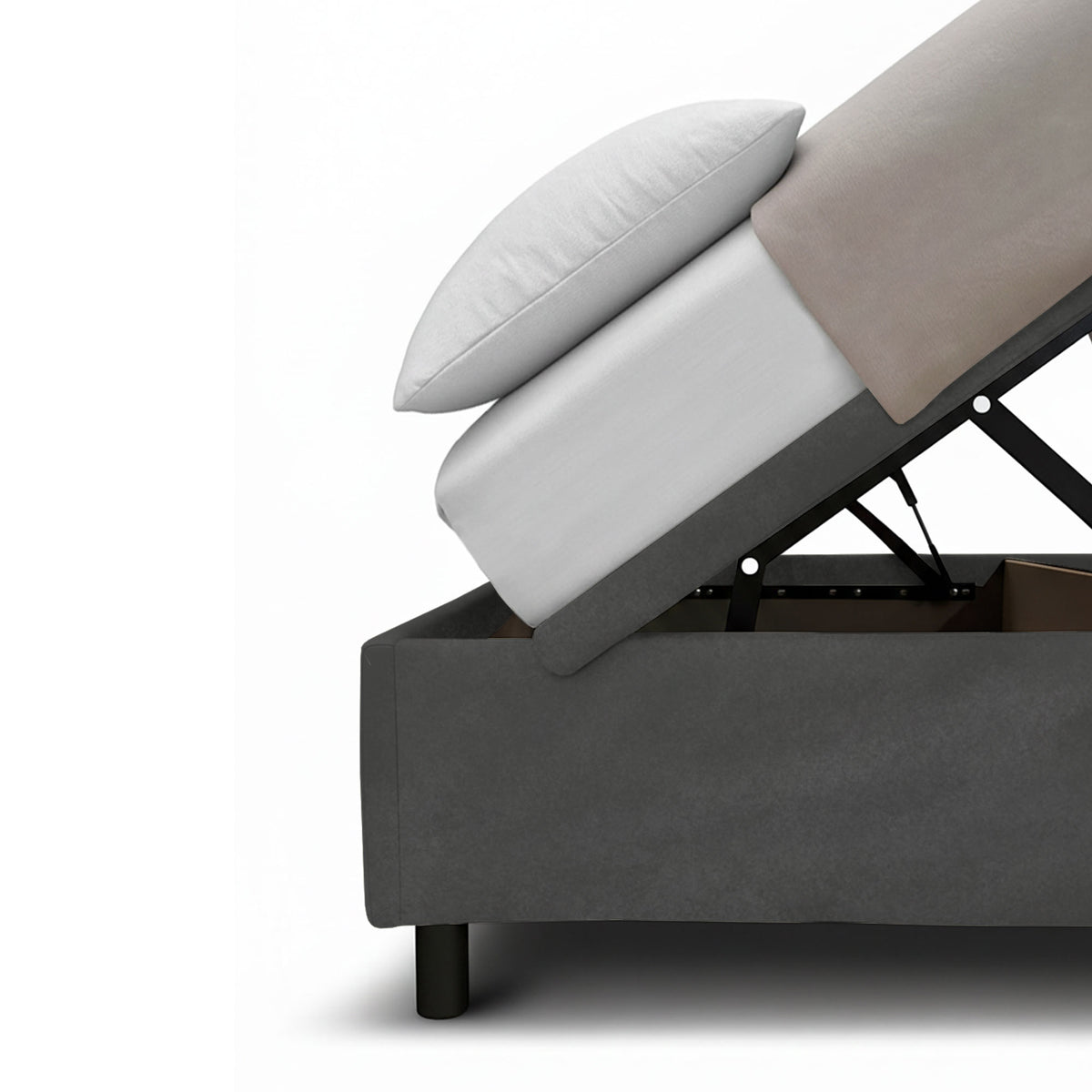 Letto SQUARE grigio con pannello sollevato a ribalta che mostra il vano contenitore #colore_Grigio