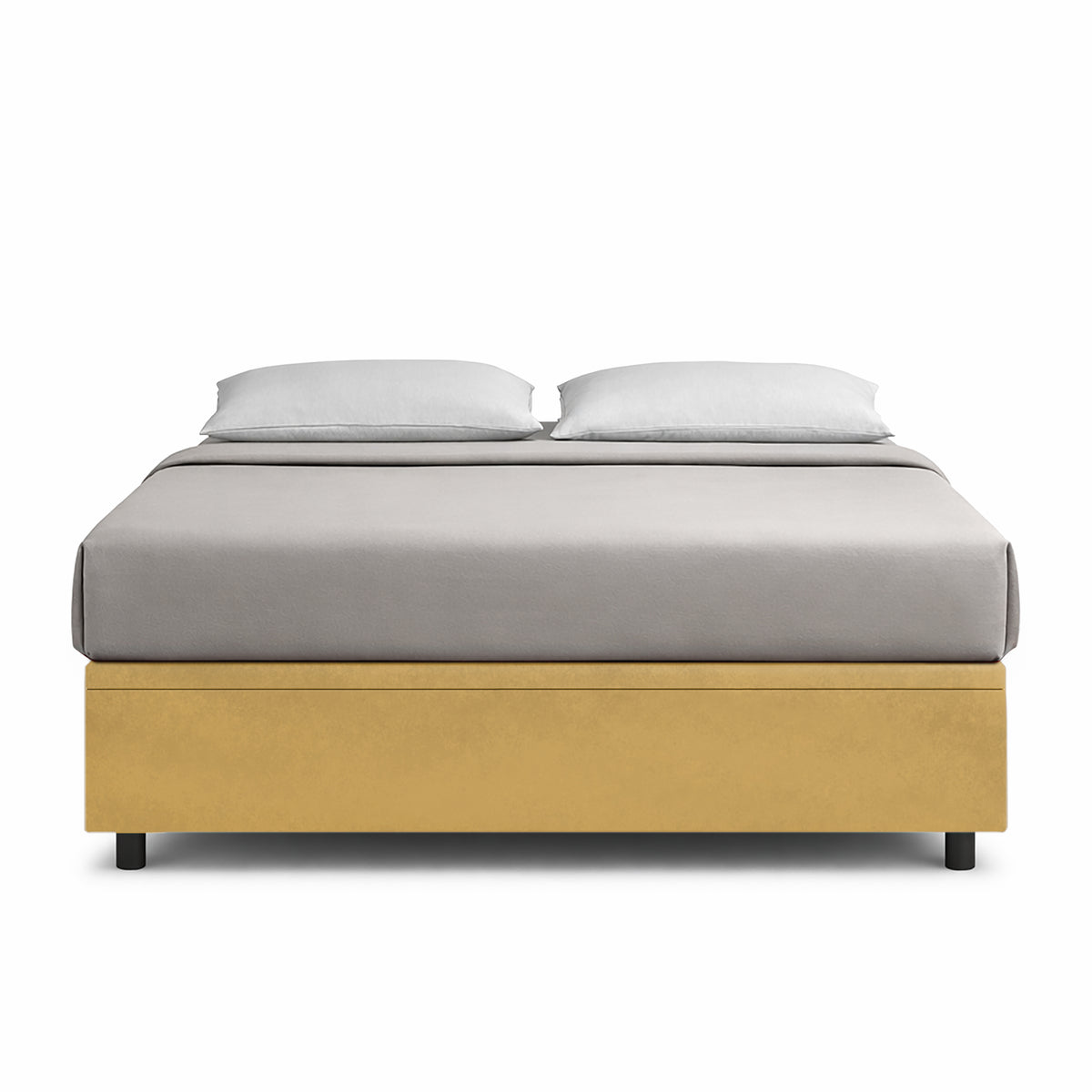 Letto BOXMAX ocra visto di fronte con base imbottita, materasso grigio e guanciali bianchi #colore_Ocra