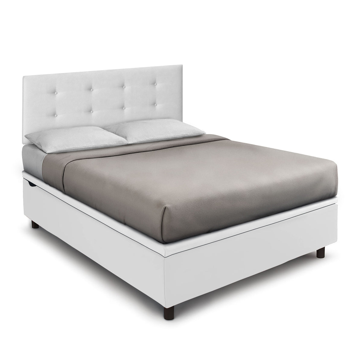 Letto contenitore BOXMAX bianco con testata imbottita a bottoni, vista di tre quarti #colore_Bianco
