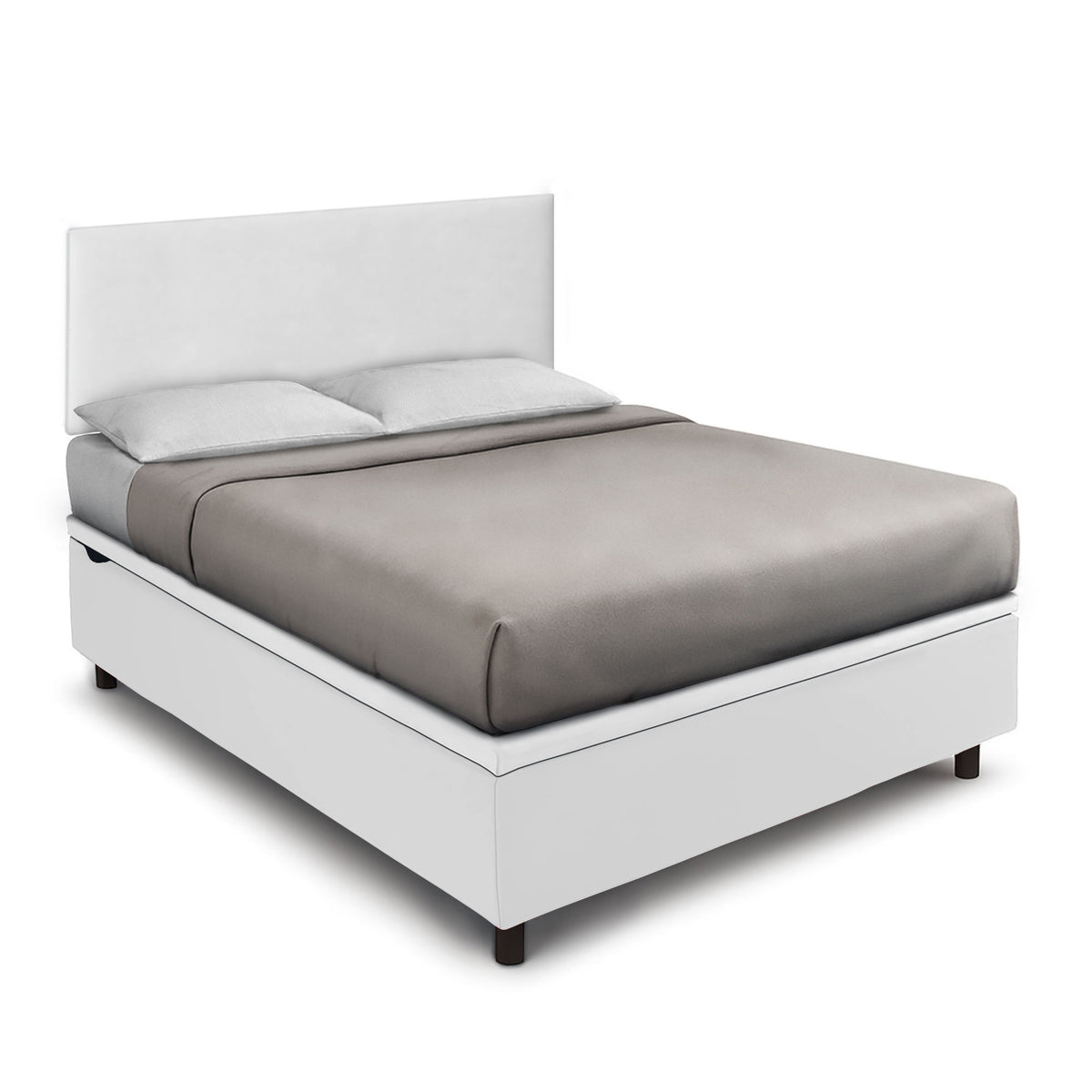 Letto alla francese BOXMAX bianco con testata rettangolare e copriletto grigio tortora, vista tre quarti #colore_Bianco