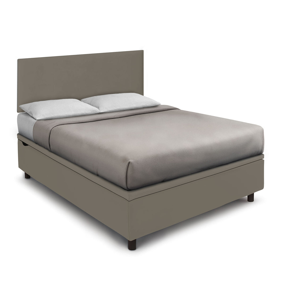 Letto BOXMAX cappuccino con maniglia incassata e copriletto grigio, vista tre quarti rialzata #colore_Cappuccino