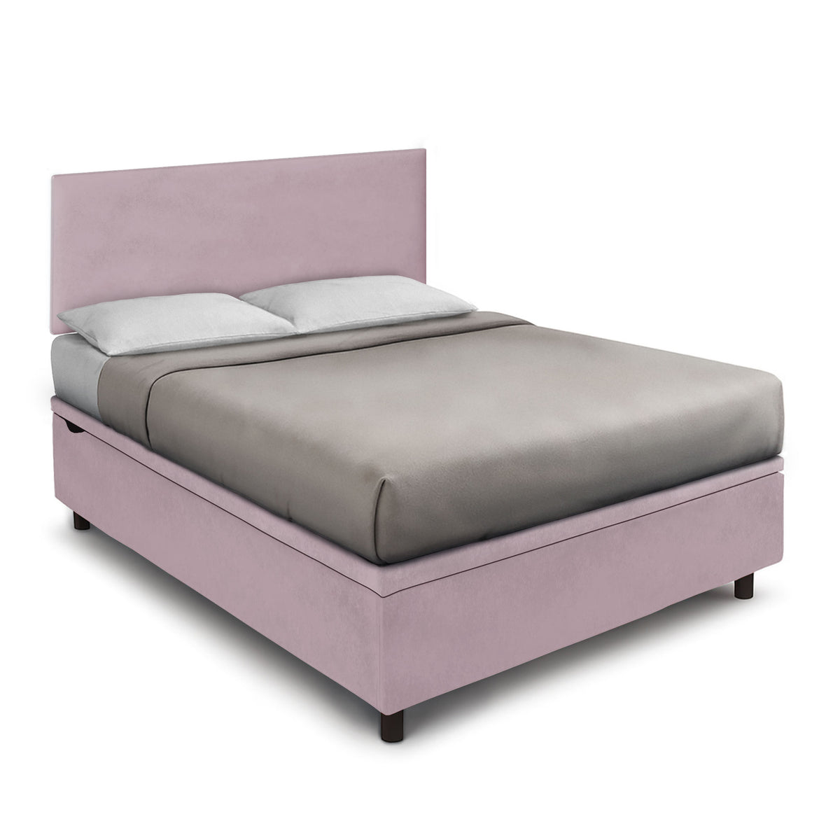 Letto matrimoniale glicine con testiera piatta e contenitore, vista di tre quarti #colore_Glicine