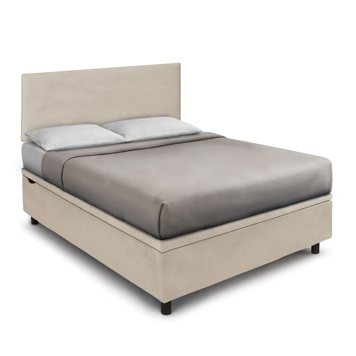 Letto BOXMAX sabbia con testiera imbottita e base contenitore, vista di tre quarti #colore_Sabbia