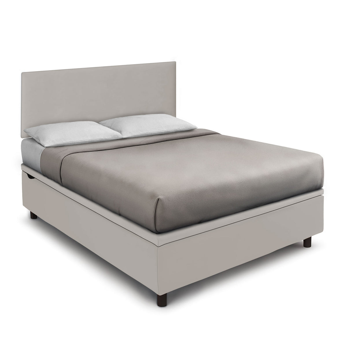 Letto BOXMAX tortora con testiera imbottita e due cuscini, vista tre quarti su fondo bianco #colore_Tortora