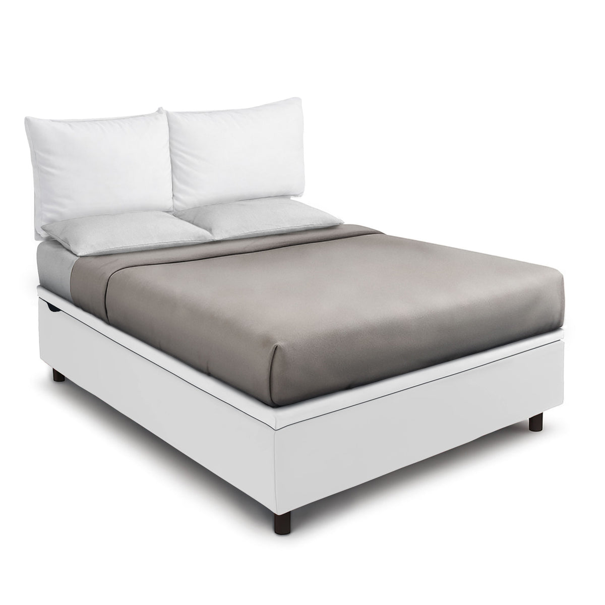 Letto matrimoniale contenitore BOXMAX bianco con testata imbottita e quattro cuscini, vista tre quarti #colore_Bianco