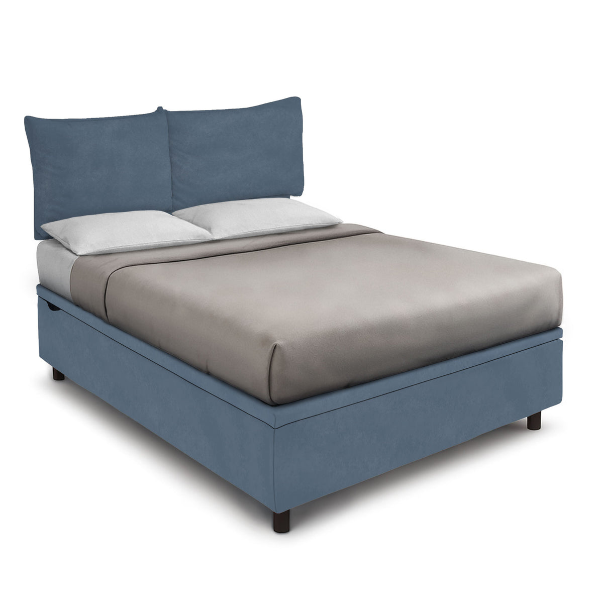 Letto BOXMAX SOFT blu con testiera a due cuscini e copriletto taupe, vista tre quarti #colore_Blu