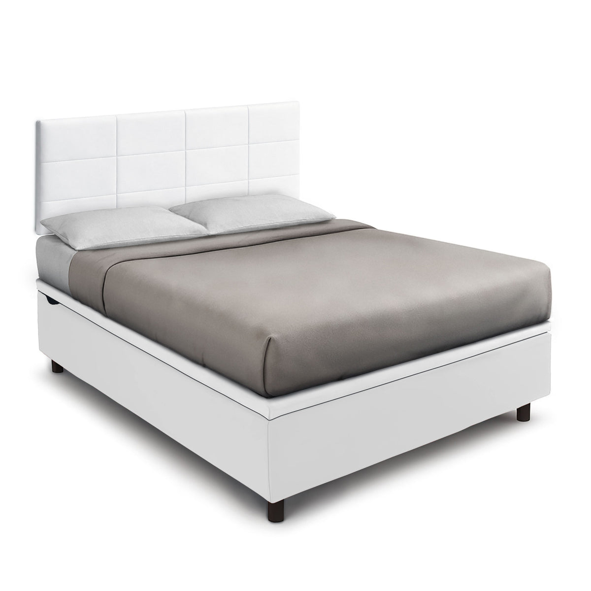 Letto matrimoniale BOXMAX bianco con testiera a riquadri, vista di tre quarti su fondo chiaro #colore_Bianco
