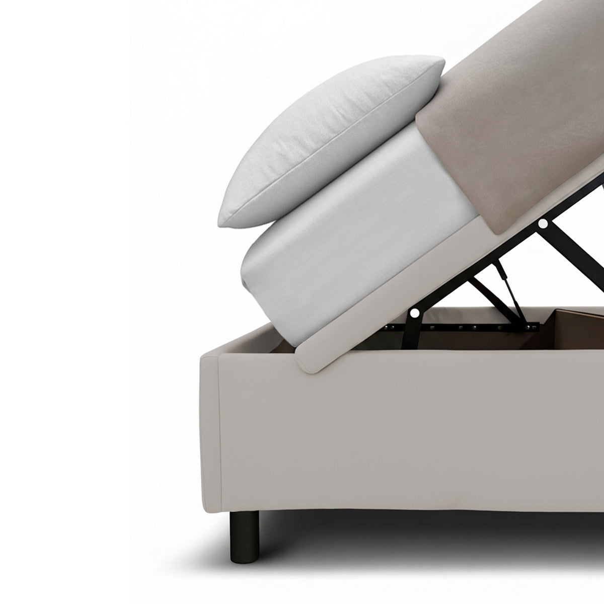 Dettaglio del meccanismo a pistone e del vano contenitore del letto BOXMAX tortora, vista laterale #colore_Tortora