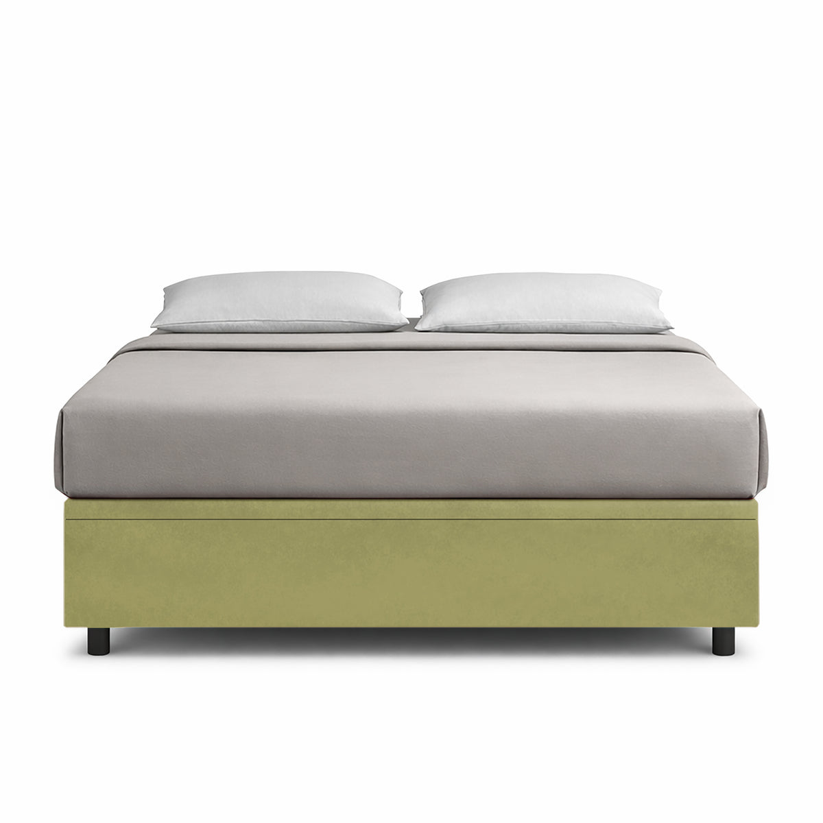Letto BOXMAX tè verde visto di fronte con materasso grigio e cuscini bianchi, senza testiera #colore_Tè verde