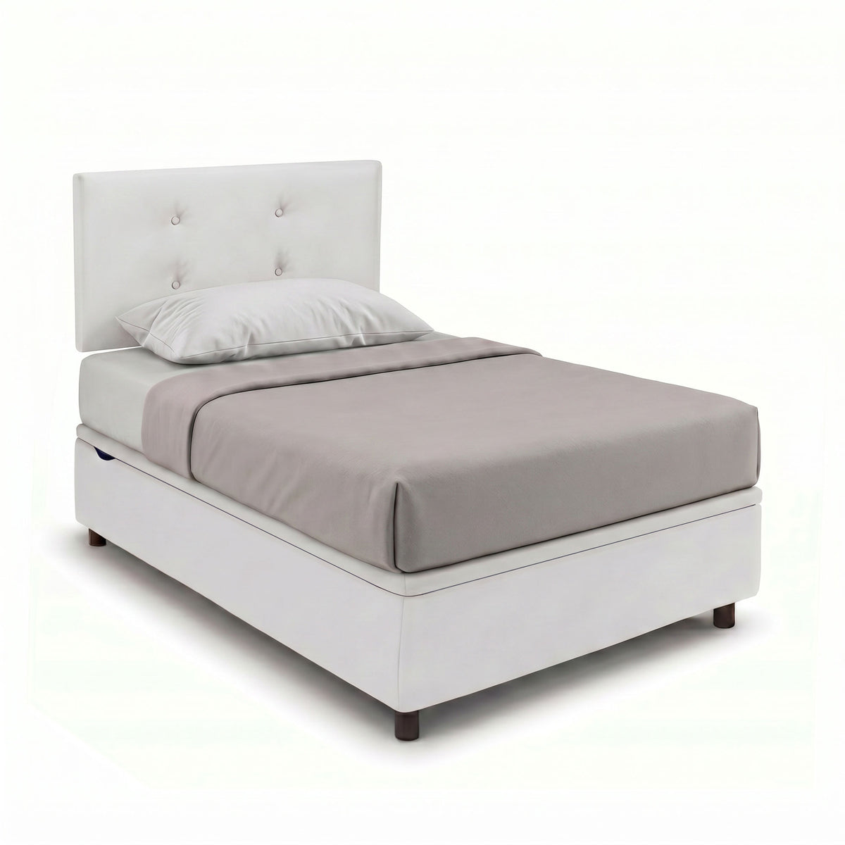 Letto singolo contenitore BOXMAX imbottito in similpelle bianco, testata a bottoni, vista di tre quarti #colore_Bianco