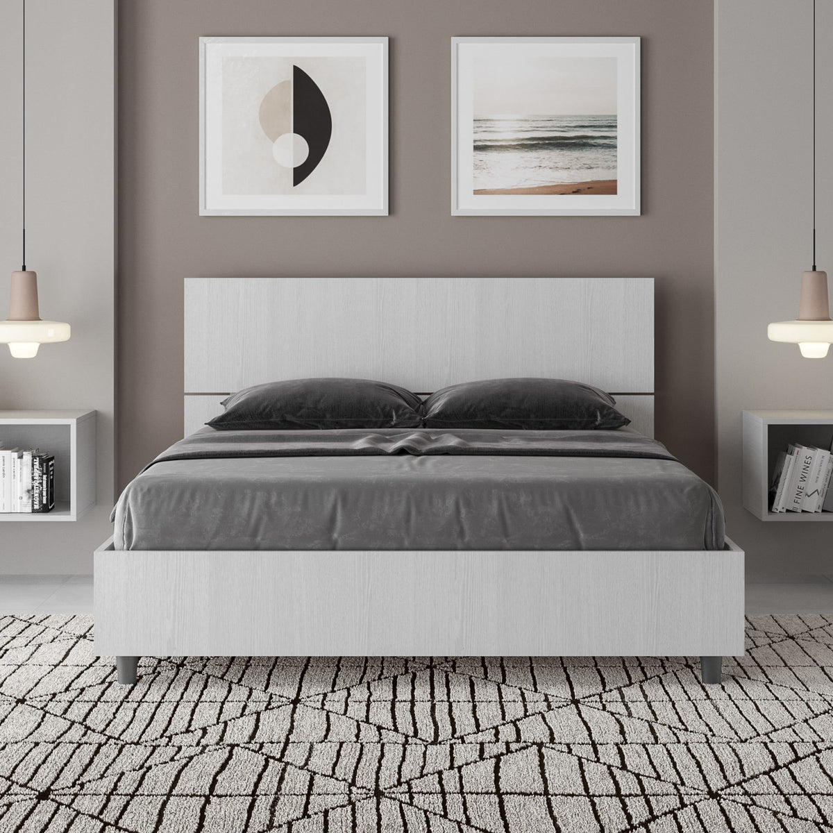 Letto DEMAS bianco frassino con due stampe appese sopra la testata, vista frontale #colore_Bianco Frassino