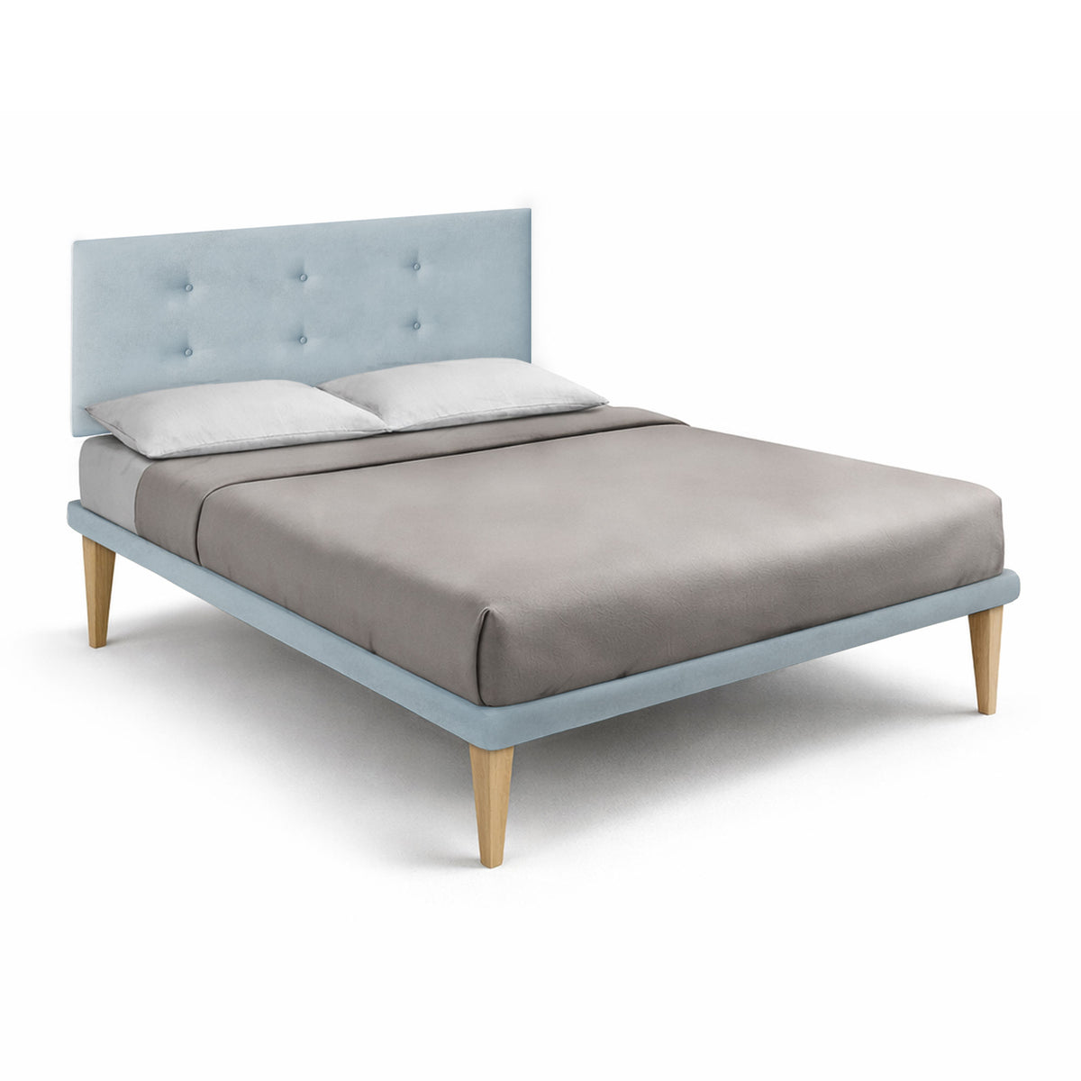 Letto alla francese TESSIS azzurro con testiera a losanga, vista di tre quarti #colore_Azzurro